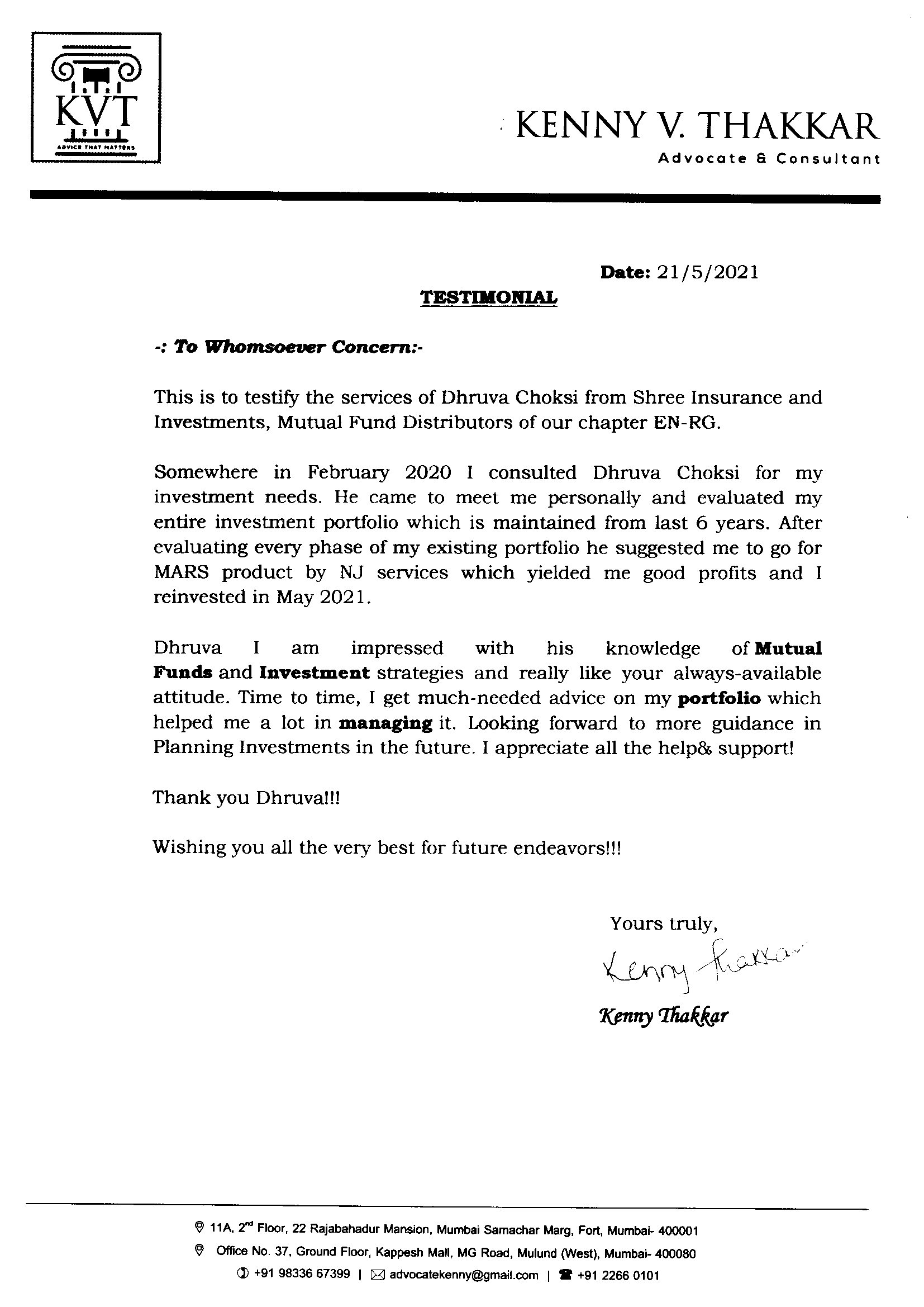 Testimonial letter from Kenny V. Thakkar, Advocate & Consultant
